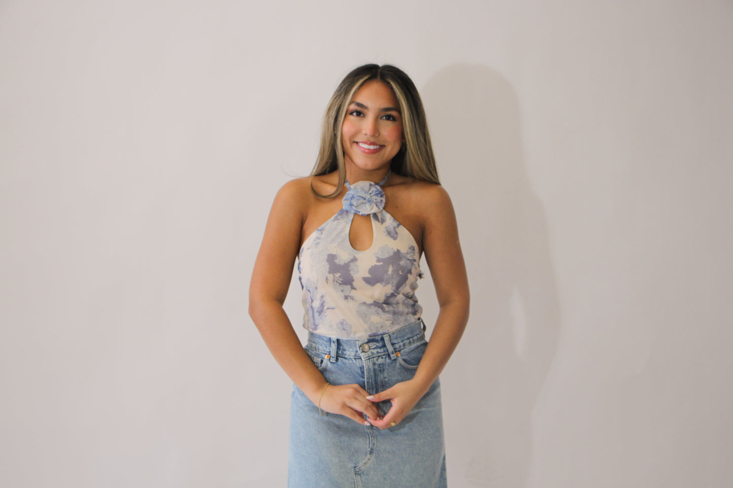 Blue floral print halter top